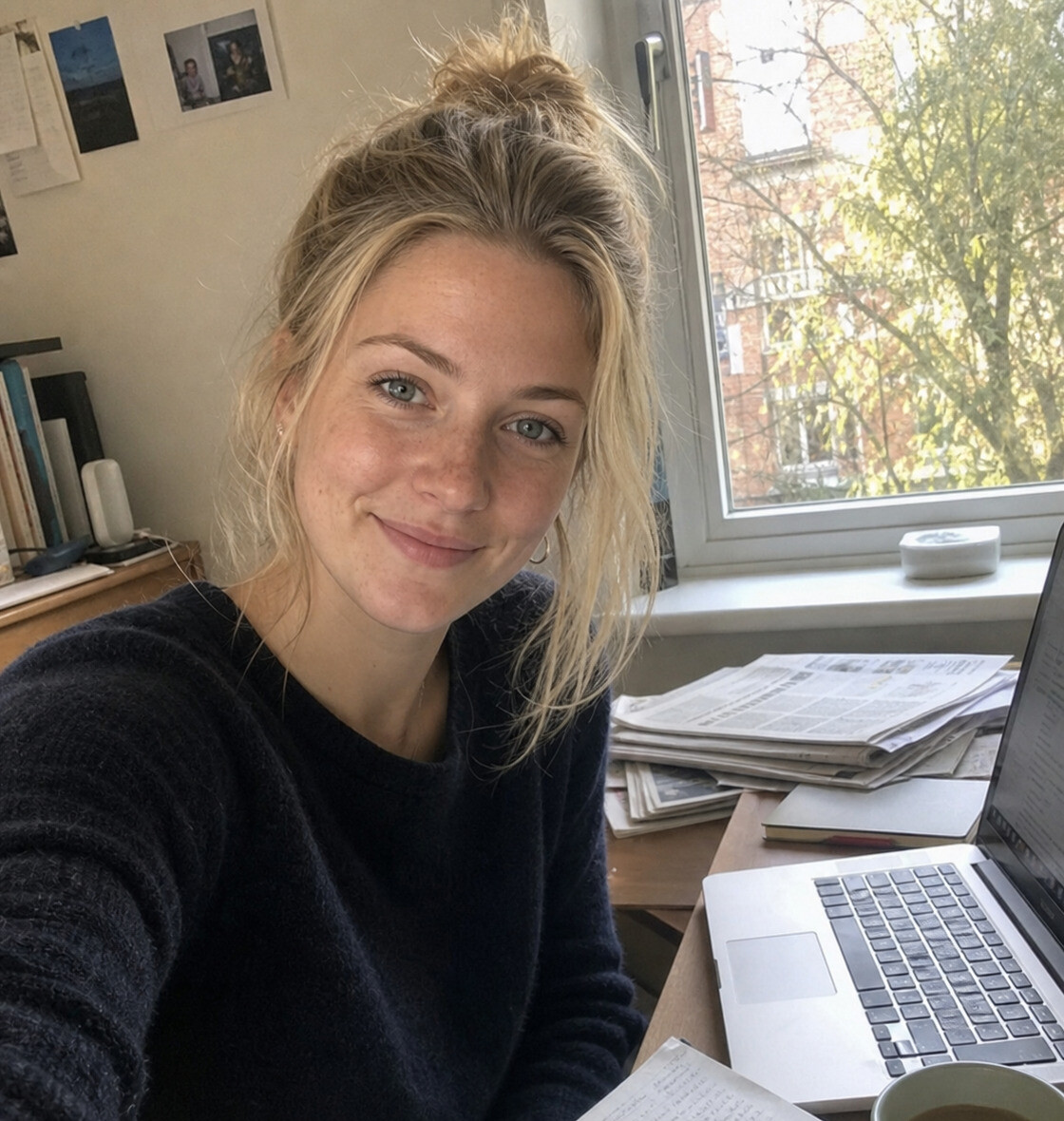Julia Martin, Head of Research and Outreach at Pitch Journalists, reviewing notes at her desk